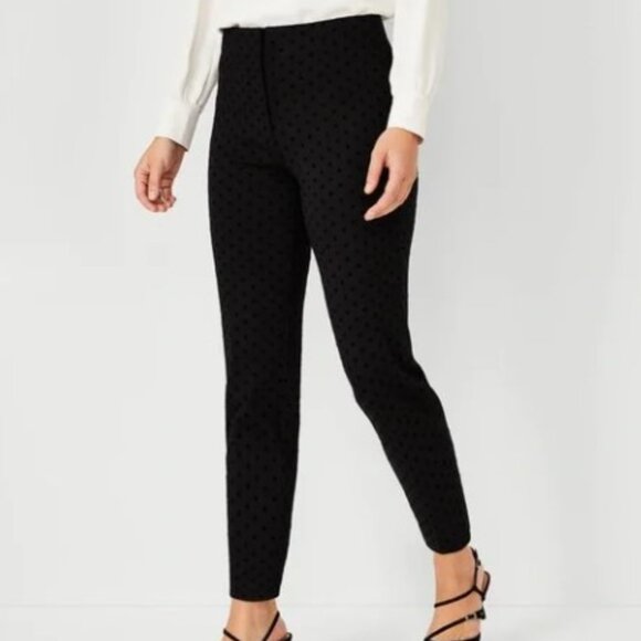 NWT Ann Taylor The High Waist Slim Ankle Pant In Velvet Dot Ponte Black, Size 12 - Picture 1 of 5